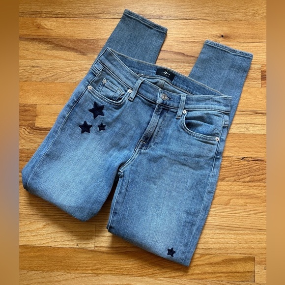 7 For All Mankind Denim - 7 For All Mankind The Ankle Skinny Star Embroidered Blue Jeans in Trio size 26